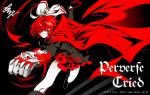  1girl arikanrobo black_shirt bow cape embellished_costume foreshortening gauntlets hair_bow hair_over_one_eye high_collar long_sleeves looking_at_viewer one_eye_covered punching red_eyes red_skirt redhead sekibanki shirt short_hair signature skirt solo touhou watermark white_bow 