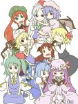  6+girls :&gt; :d :o ^_^ ahoge apron ascot bangs bat_wings beret biting blonde_hair blue_dress blue_eyes blue_hair blunt_bangs blush_stickers book bow braid carrying chibi cirno closed_eyes crescent crescent_hair_ornament daiyousei detached_wings dress fairy_wings flandre_scarlet green_eyes green_hair hair_bow hair_ornament hand_on_headwear hat holding holding_book hong_meiling izayoi_sakuya koakuma leaning_forward light_smile long_hair looking_at_another looking_at_viewer looking_back maid maid_apron maid_headdress mob_cap multiple_girls necktie open_book open_mouth patchouli_knowledge peconica petting puffy_short_sleeves puffy_sleeves purple_dress reading red_eyes red_necktie redhead remilia_scarlet rumia seiza shoes short_hair short_sleeves side_ponytail sidelocks silver_hair simple_background sitting skirt skirt_set smile star striped striped_dress the_embodiment_of_scarlet_devil touhou twin_braids vertical_stripes very_long_hair vest waist_apron wavy_mouth white_background wings 