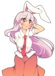  1girl animal_ears carrot ini_(inunabe00) long_hair necktie purple_hair rabbit_ears red_eyes red_necktie reisen_udongein_inaba short_sleeves simple_background skirt solo touhou very_long_hair white_background 