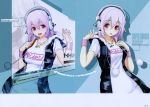  1girl breasts camouflage headphones hoodie jewelry large_breasts necklace nitroplus pink_hair red_eyes sleeveless sleeveless_hoodie smile solo super_sonico wristbands 