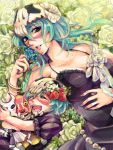  2girls :d arrancar bleach breasts cleavage closed_eyes dress dual_persona facial_mark flower food fruit green_hair hair_flower hair_ornament large_breasts long_hair muku_(midoriiro) muku_(tegaki) multiple_girls nelliel_tu_odelschwanck open_mouth rose short_hair skull smile strawberry yellow_eyes 