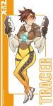  1girl dual_weilding full_body goggles gun handgun jacket looking_at_viewer overwatch solo spiky_hair tracer_(overwatch) weapon x-teal2 