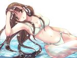  1girl amatsuba_mimina bikini brown_eyes brown_hair long_hair lying on_side original swimsuit water 