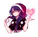  1girl blue_eyes blue_hair braid capelet doremy_sweet hat heart long_hair nightcap pom_pom_(clothes) side_braid simple_background single_braid smile solo tis_(shan0x0shan) touhou upper_body white_background 