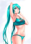  1girl aqua_bikini aqua_eyes aqua_hair armpits arms_up bare_arms bare_shoulders bikini breasts cloel closed_mouth collarbone cowboy_shot gradient gradient_background hatsune_miku highres long_hair looking_at_viewer navel number simple_background smile solo spaghetti_strap stomach stretch swimsuit thighs twintails very_long_hair vocaloid 