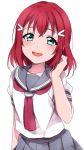  1girl :d alternate_hairstyle blue_eyes blush collarbone cowboy_shot green_eyes grey_skirt hair_down hair_ornament hairclip head_tilt kurosawa_ruby looking_at_viewer love_live! love_live!_sunshine!! open_mouth pleated_skirt redhead school_uniform sekina serafuku shirt short_hair short_sleeves simple_background skirt smile solo tareme white_background white_shirt 