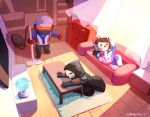  &gt;_&lt; 1girl 2boys bangs bodysuit brown_hair butterfly_sitting carpet chibi closed_eyes commentary_request couch curtains d.va_(overwatch) face_mask facial_mark globe gloves headphones highres holding hologram hood hooded_jacket indoors jacket korean living_room long_hair lying mask multiple_boys ninecoin_9 on_back open_mouth overwatch pillow pilot_suit reaper_(overwatch) short_hair signature sitting soldier:_76_(overwatch) sunlight swept_bangs table television trench_coat twitter_username vacuum_cleaner visor whisker_markings white_gloves white_hair 