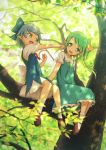  2girls blue_dress blue_eyes blue_hair cirno daiyousei dress fairy_wings full_body green_eyes green_hair hair_ribbon highres ice ice_wings in_tree irigoma_(jikabi_baisen) looking_at_another looking_away mary_janes multiple_girls open_mouth outstretched_arm pointy_ears ribbon shoes short_sleeves side_ponytail sitting smile socks touhou tree tree_shade white_legwear wings 