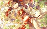  1girl ascot brown_hair detached_sleeves fish flower from_above goldfish groin hair_ornament hakurei_reimu highres japanese_clothes lily_pad long_hair lying midriff miko navel on_back orange_eyes partially_submerged red_skirt ruoxuanxuanorz skirt skirt_set solo touhou water 