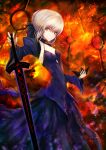  1girl breasts cleavage dark_excalibur detached_sleeves dress fate/grand_order fate/stay_night fate_(series) fire highres kaze_minoru_so-ru mask mask_removed saber saber_alter small_breasts solo yellow_eyes 