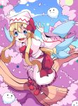  1girl :d absurdres blonde_hair blue_eyes blush_stickers bow capelet cherry_blossoms dress fairy_wings foreshortening from_above full_body hand_on_own_knee hat hat_bow highres kedama lily_white long_hair long_sleeves mujib open_mouth shoe_bow shoes smile touhou waving wide_sleeves wings 