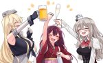  3girls :d ^_^ alcohol beer beer_mug blush bottle breasts closed_eyes cup drinking_glass furo_(harirate) gloves hair_between_eyes hat iowa_(kantai_collection) japanese_clothes kamikaze_(kantai_collection) kantai_collection kimono large_breasts long_hair mini_hat multiple_girls open_mouth pola_(kantai_collection) sakazuki sake_bottle smile wine_glass 