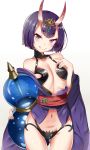  1girl :q blush bob_cut eyebrows eyebrows_visible_through_hair fate/grand_order fate_(series) horns japanese_clothes kimono looking_at_viewer navel oni purple_hair short_hair shuten_douji_(fate/grand_order) sin-poi solo tongue tongue_out violet_eyes 