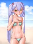  1girl ^jj^ beach bikini flat_chest highres hoshino_ruri kidou_senkan_nadesico long_hair purple_hair standing swimsuit twintails yellow_eyes 