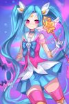  1girl bishoujo_senshi_sailor_moon blue_hair cosplay gloves jinx_(league_of_legends) league_of_legends long_hair pink_eyes sailor_moon_(cosplay) skirt tattoo twintails wand weapon 