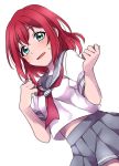  1girl :d alternate_hairstyle blue_eyes blush collarbone cowboy_shot dutch_angle embarrassed green_eyes grey_skirt hair_down hair_ornament hairclip head_tilt kurosawa_ruby looking_at_viewer love_live! love_live!_sunshine!! open_mouth pleated_skirt redhead school_uniform sekina serafuku shirt short_hair short_sleeves simple_background skirt smile solo sweatdrop tareme wavy_mouth white_background white_shirt 