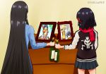  2girls alcohol artist_name beard black_hair bottle champagne cheering chest_of_drawers child dresser drink dual_persona eyepatch facial_hair father&#039;s_day female from_behind h0saki holding holding_bottle kill_la_kill kiryuuin_satsuki kiryuuin_souichirou long_sleeves matoi_ryuuko mouse multicolored_hair multiple_girls orange_hair photo_(object) picture_frame pleated_skirt red_scarf redhead scarf short_hair siblings sisters skirt spoilers standing sukajan toast_(gesture) two-tone_hair very_long_hair yellow_background 