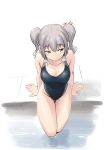  1girl bare_shoulders breasts competition_swimsuit grey_eyes kantai_collection kashima_(kantai_collection) large_breasts long_hair one-piece_swimsuit poolside silver_hair sitting smile soaking_feet solo swimsuit tamu_(mad_works) twintails wavy_hair 