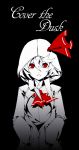  1girl adapted_costume arikanrobo ascot black_background center_opening english hands_in_pockets hood hooded_jacket hoodie jacket looking_at_viewer monochrome red_eyes red_ribbon ribbon rumia short_hair solo spot_color touhou upper_body 