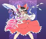  1girl black_hair bow commentary_request cowboy_shot detached_sleeves fusion gohei hair_bow hair_tubes hakurei_reimu heterochromia ini_(inunabe00) kishin_sagume knees purple_background red_bow red_eyes red_skirt sidelocks silver_hair single_wing skirt skirt_set touhou tsurime white_wings wide_sleeves wings yellow_eyes 
