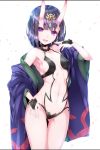 1girl breasts fate/grand_order fate_(series) hand_on_hip highres horns japanese_clothes kimono looking_at_viewer navel oni oni_horns open_mouth purple_hair ripe.c short_hair shuten_douji_(fate/grand_order) small_breasts smile solo violet_eyes 