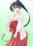 1girl alternate_costume breasts eyebrows eyebrows_visible_through_hair gradient gradient_background hair_between_eyes hand_on_own_chest japanese_clothes kankitsunabe_(citrus) kantai_collection large_breasts long_hair looking_at_viewer miko open_mouth ponytail red_hakama ribbon-trimmed_sleeves ribbon_trim simple_background twitter_username violet_eyes wide_sleeves yahagi_(kantai_collection) 