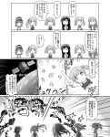  6+girls arare_(kantai_collection) arashio_(kantai_collection) asashio_(kantai_collection) comic detached_sleeves double_bun earth explosion hair_ribbon hat hat_removed headwear_removed highres kantai_collection kasumi_(kantai_collection) michishio_(kantai_collection) monochrome multiple_girls ooshio_(kantai_collection) orbit pointing pointing_up ribbon satellite side_ponytail spaghe suspenders translation_request twintails |_| 