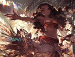  1girl bandeau curly_hair dark_skin disney hair_flower kawacy long_hair long_skirt looking_at_viewer midriff moana_(disney) moana_(film) navel oar outstretched_arm sarong smile solo stomach 