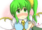  1girl ascot asymmetrical_hair between_breasts blush bow breasts daiyousei fairy_wings gaoo_(frpjx283) green_eyes green_hair hair_bow holding_hand large_breasts side_ponytail solo touhou wings 
