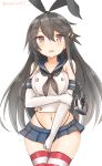  1girl azuhira bare_shoulders black_hair black_panties cosplay covering covering_crotch cowboy_shot elbow_gloves gloves haruna_(kantai_collection) highleg highleg_panties kantai_collection long_hair looking_at_viewer microskirt panties red_eyes shimakaze_(kantai_collection) shimakaze_(kantai_collection)_(cosplay) skirt solo striped striped_legwear tears thigh-highs underwear white_gloves 