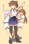  &gt;_&lt; 3girls ahoge arm_hug black_legwear blush brown_eyes brown_hair closed_eyes geta girl_sandwich hair_between_eyes hair_ribbon hakama_skirt hand_on_another&#039;s_head holding_arm hug huge_ahoge ina_(1813576) japanese_clothes kaga_(kantai_collection) kantai_collection kuma_(kantai_collection) long_hair multiple_girls neckerchief petting purple_hair red_ribbon ribbon sailor_collar sandwiched school_uniform serafuku short_hair short_sleeves shorts side_ponytail simple_background smile sweatdrop tama_(kantai_collection) tasuki thigh-highs twitter_username 