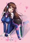  1girl absurdres bodysuit breasts brown_eyes brown_hair d.va_(overwatch) destincelly facial_mark highres large_breasts lips long_hair looking_at_viewer overwatch solo thighs 