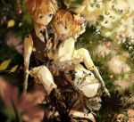  1boy 1girl black_necktie black_ribbon blonde_hair blue_eyes brother_and_sister hair_ribbon highres kagamine_len kagamine_rin necktie outdoors ribbon ruoxuanxuanorz short_hair siblings sitting smile vocaloid 
