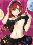  1girl bare_shoulders black_shirt blush breasts chains clothes_writing collar earth_(ornament) erect_nipples groin hecatia_lapislazuli highres large_breasts licking_lips looking_at_viewer midriff multicolored_skirt navel off-shoulder_shirt polos_crown red_eyes redhead shirt simple_background skirt solo t-shirt tongue tongue_out touhou tyouseki under_boob 