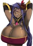  1girl arms_up blue_hair breasts cleavage dark_skin highres horns huge_breasts lips long_hair looking_at_viewer mole mole_under_eye mole_under_mouth original parted_lips simple_background solo souren violet_eyes white_background 