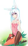  1girl animal_ears blue_eyes breasts bunny_tail bunnysuit carrot covered_navel grass hand_on_own_chest kneeling long_hair mushroom no_shoes original pantyhose qing_lan rabbit_ears small_breasts solo tail white_hair 