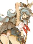  1girl :o animal_ears arm_up armpits ass black_skirt blue_hair braid brown_eyes brown_gloves earrings erun_(granblue_fantasy) ferry_(granblue_fantasy) fox_ears from_behind from_below gloves gorirago granblue_fantasy jewelry long_hair looking_at_viewer looking_back looking_down open_mouth panties simple_background single_braid skirt solo underwear upskirt very_long_hair white_background white_panties yellow_eyes 