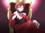  1girl akujiki_musume_conchita_(vocaloid) brown_hair choker claws corset derivative_work detached_sleeves dress evil_smile evillious_nendaiki fingernails flower hair_flower hair_ornament highres meiko outstretched_hand red_dress red_eyes rose short_hair smile solo throne uglytree vocaloid 