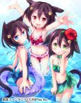  3girls :d animal_ears arms_up bikini blue_eyes blue_swimsuit brown_hair cat_ears cat_tail collarbone company_name copyright_request fang frilled_bikini frills green_bikini green_eyes hair_between_eyes hand_on_own_cheek highres innertube looking_at_viewer matsu_uni multiple_girls navel one-piece_swimsuit open_mouth outstretched_arms partially_submerged paw_hair_ornament red_bikini red_eyes skirt skirt_pull smile sparkle swimsuit tail water watermark 