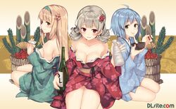  3girls ahoge alcohol bangs bare_shoulders blonde_hair blue_eyes blue_hair blunt_bangs blush bottle bowl breasts brown_eyes chopsticks cleavage collarbone curly_hair dille_blood dlsite.com double_bun eating elle_sweet flower food food_in_mouth grey_hair group hair_ornament highres holding japanese_clothes kimono long_hair looking_at_viewer mochi multiple_girls off_shoulder official_art original paseri red_eyes refeia sake sake_bottle seiza shiny shiny_hair short_hair sideboob sitting smile tied_hair tokkuri twintails wagashi wallpaper xi_lily 