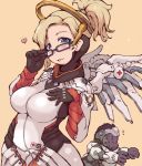  1boy 1girl :p ape bespectacled blonde_hair breasts glasses gorilla heart high_ponytail ibukichi large_breasts mechanical_halo mechanical_wings mercy_(overwatch) no_glasses overwatch ponytail power_armor short_hair tongue tongue_out wings winston_(overwatch) yellow_eyes 