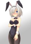  1girl alternate_costume animal_ears bare_shoulders black_bow black_bowtie blue_eyes blush bow bowtie breasts bunny_girl bunnysuit covered_navel cross_(crossryou) detached_collar fake_animal_ears hair_ornament hair_over_one_eye hairclip hamakaze_(kantai_collection) highres kantai_collection large_breasts looking_at_viewer pantyhose rabbit_ears short_hair silver_hair solo wrist_cuffs 