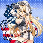  1girl anchor arms_up belt blonde_hair blue_eyes breasts elbow_gloves garter_straps gloves hair_between_eyes headgear iowa_(kantai_collection) kantai_collection large_breasts long_hair looking_at_viewer miniskirt open_mouth polka_dot polka_dot_background silhouette skirt sleeveless smile solo sparkle star star-shaped_pupils symbol-shaped_pupils thigh-highs tk8d32 