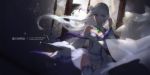  1girl artist_name braid breasts broken_glass closed_mouth copyright_name detached_sleeves dress dutch_angle emilia_(re:zero) english flower glass hair_flower hair_ornament highres hourglass long_hair mirror panties pleated_skirt re:zero_kara_hajimeru_isekai_seikatsu silver_hair skirt solo swd3e2 thigh-highs thigh_gap underwear very_long_hair violet_eyes white_dress white_legwear white_panties wind 