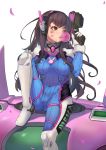  1girl bangs blowing bodysuit breasts brown_eyes brown_hair covered_navel d.va_(overwatch) facial_mark full_body gloves gum gun handgun headphones lips long_hair looking_to_the_side mecha medium_breasts meka_(overwatch) one_leg_raised overwatch petals pilot_suit pistol simple_background sitting sitting_on_object skin_tight smile solo swept_bangs vococo weapon whisker_markings white_background white_gloves 