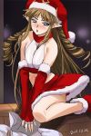  1girl banpresto bare_shoulders blue_eyes blush breasts brown_hair christmas dated drill_hair female haruyama_kazunori hat long_hair looking_at_viewer neige_hausen open_mouth santa_hat sideboob solo super_robot_wars super_robot_wars_og_saga_mugen_no_frontier 