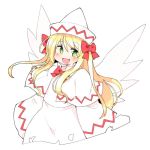  1girl :d blonde_hair bow bowtie capelet cropped_legs dress green_eyes hair_bow hat ini_(inunabe00) lily_white long_hair looking_at_viewer open_mouth red_bow red_bowtie simple_background smile solo touhou white_background white_dress white_hat wide_sleeves wings 