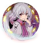  1girl artist_name asa_(coco) blush bow bowtie covering_mouth expressionless hand_on_own_face jacket kishin_sagume long_sleeves looking_at_viewer open_clothes red_eyes short_hair silver_hair single_wing solo touhou transparent_background upper_body wings 