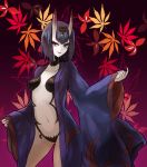  1girl black_hair blush breasts erect_nipples fate/grand_order fate_(series) horns japanese_clothes kimono leaf looking_at_viewer maple_leaf navel oni open_clothes open_kimono rocknroll shuten_douji_(fate/grand_order) smile solo violet_eyes 