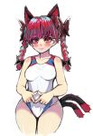  1girl animal_ears blush braid cat_ears cat_tail extra_ears fingers_together hair_ribbon highres kaenbyou_rin long_hair multiple_tails one-piece_swimsuit pointy_ears red_eyes redhead ribbon simple_background solo swimsuit tail touhou tress_ribbon twin_braids white_background yata_(toribako) 